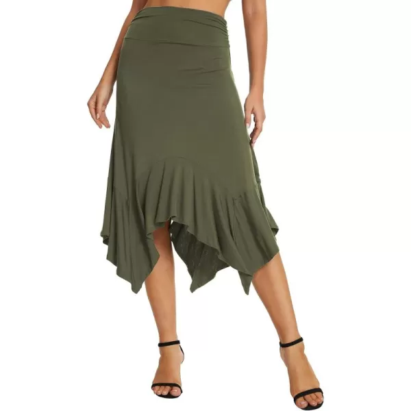 Urban CoCo Womens Flowy Stretchy Skirt Handkerchief Hemline Midi SkirtArmy Green