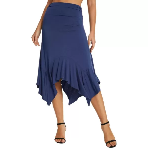 Urban CoCo Womens Flowy Stretchy Skirt Handkerchief Hemline Midi SkirtNavy Blue