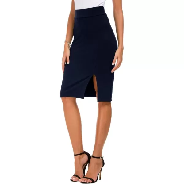Urban CoCo Womens Knee Length Stretch Pencil Skirt High Waisted Bodycon Midi Straight SkirtNavy Blue