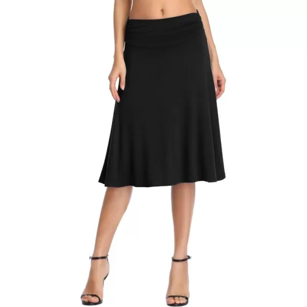 Urban CoCo Womens Ruched High Waist Knee Length Jersey ALine Stretchy Flared Casual SkirtBlack