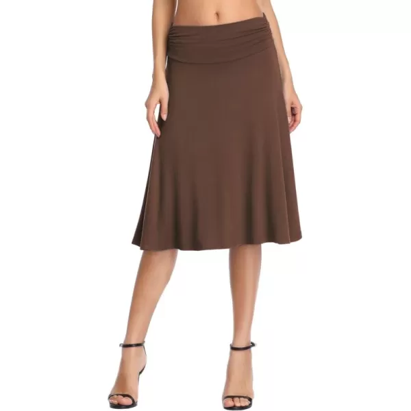 Urban CoCo Womens Ruched High Waist Knee Length Jersey ALine Stretchy Flared Casual SkirtBrown
