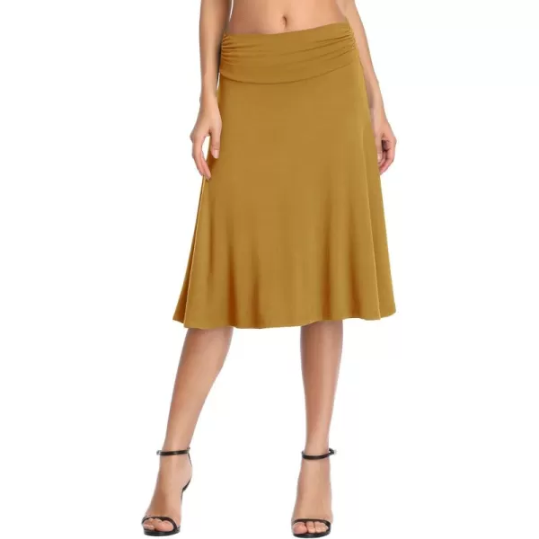 Urban CoCo Womens Ruched High Waist Knee Length Jersey ALine Stretchy Flared Casual SkirtDeep Camel