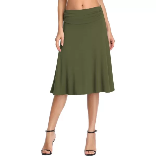 Urban CoCo Womens Ruched High Waist Knee Length Jersey ALine Stretchy Flared Casual SkirtGreen