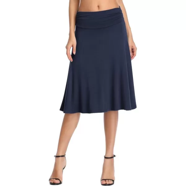 Urban CoCo Womens Ruched High Waist Knee Length Jersey ALine Stretchy Flared Casual SkirtNavy Blue