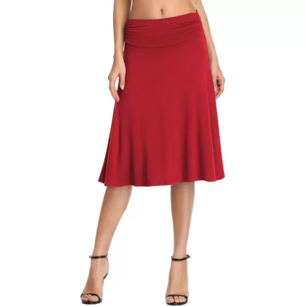 Urban CoCo Womens Ruched High Waist Knee Length Jersey ALine Stretchy Flared Casual SkirtRed