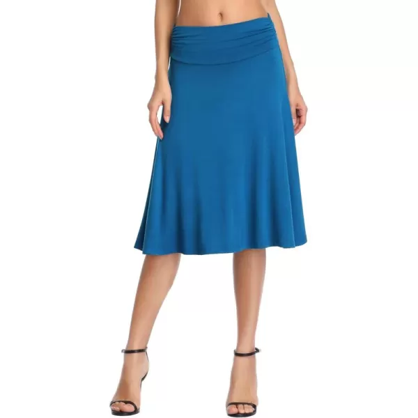 Urban CoCo Womens Ruched High Waist Knee Length Jersey ALine Stretchy Flared Casual SkirtSteel Blue