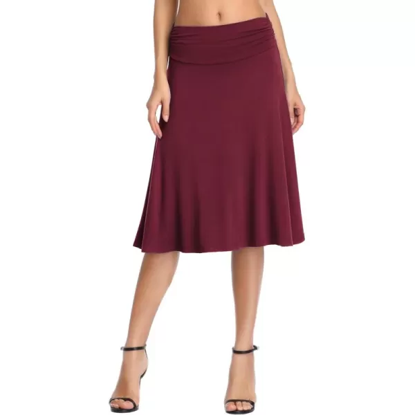 Urban CoCo Womens Ruched High Waist Knee Length Jersey ALine Stretchy Flared Casual SkirtWine Red