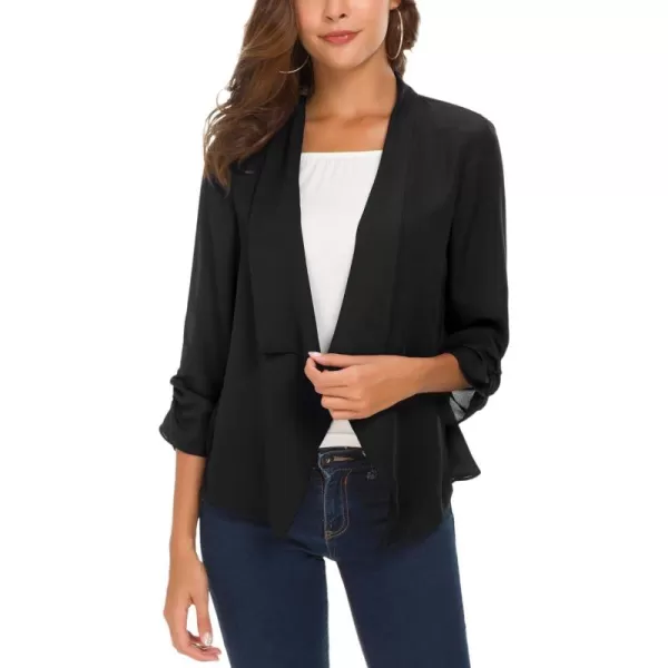 Urban CoCo Womens Ruched Sleeve Lightweight Thin Chiffon BlazerBlack