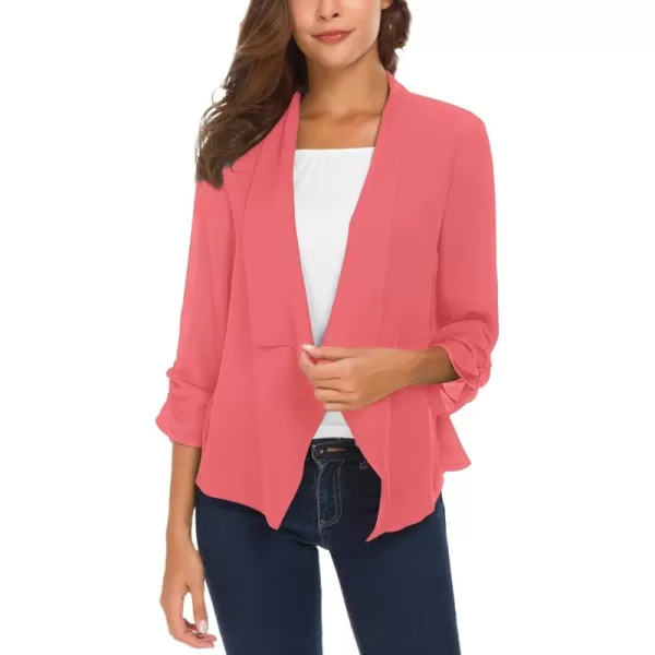 Urban CoCo Womens Ruched Sleeve Lightweight Thin Chiffon BlazerCoral