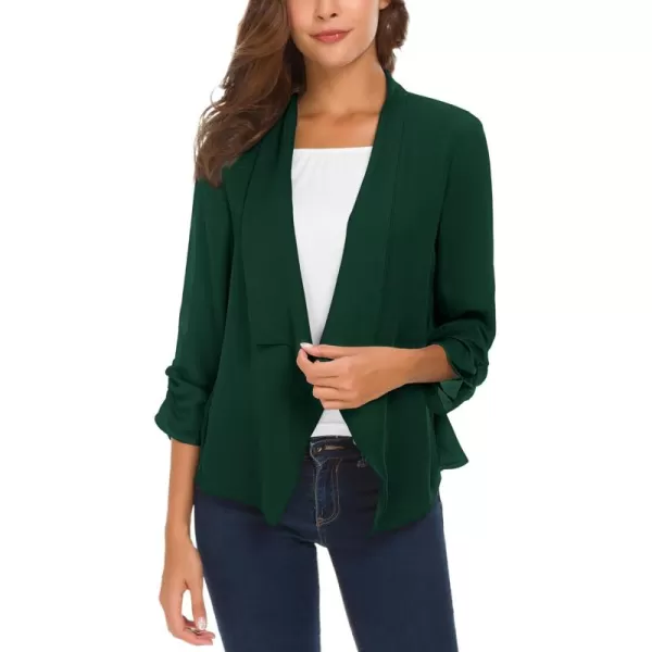 Urban CoCo Womens Ruched Sleeve Lightweight Thin Chiffon BlazerDark Green