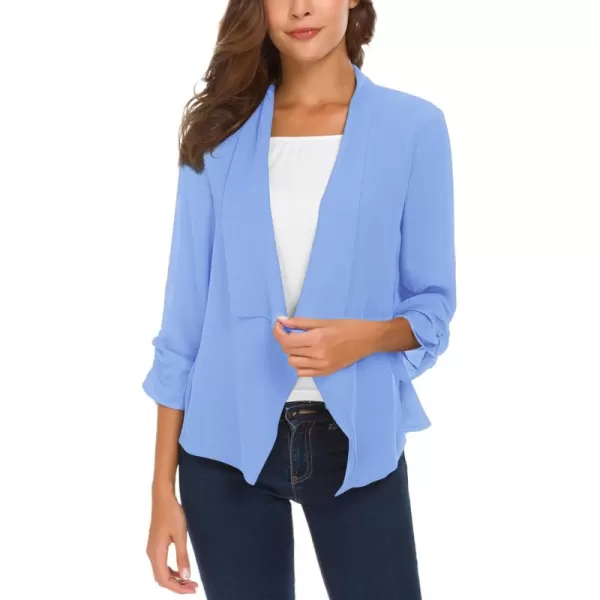 Urban CoCo Womens Ruched Sleeve Lightweight Thin Chiffon BlazerLight Blue