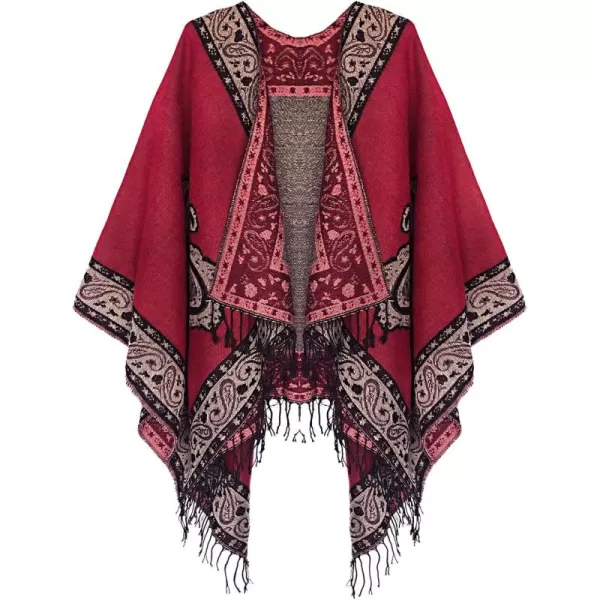 Womens Retro Style Vintage Pattern Tassel Poncho Shawl Cape Wraps For WomenSeries 2wine Red
