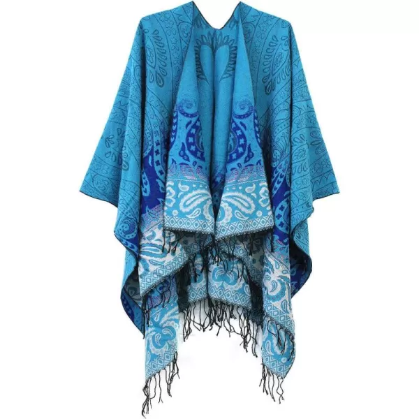 Womens Retro Style Vintage Pattern Tassel Poncho Shawl Cape Wraps For WomenSeries 4blue