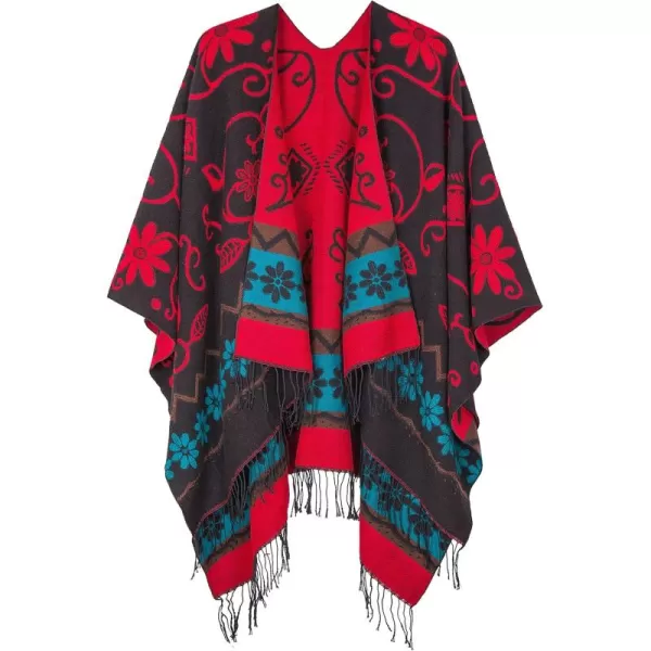 Womens Retro Style Vintage Pattern Tassel Poncho Shawl Cape Wraps For WomenSeries1black