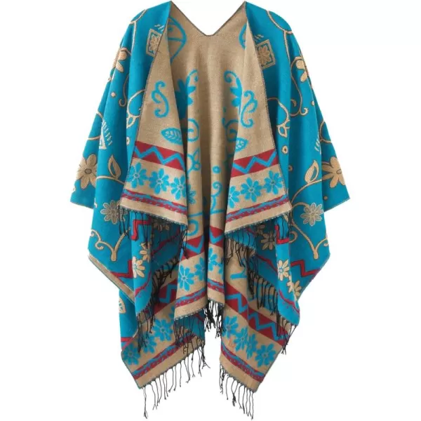 Womens Retro Style Vintage Pattern Tassel Poncho Shawl Cape Wraps For WomenSeries1blue