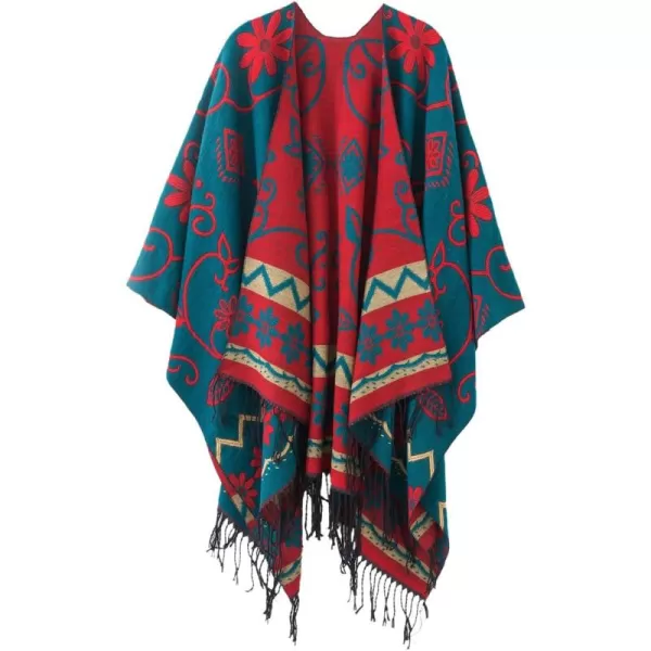 Womens Retro Style Vintage Pattern Tassel Poncho Shawl Cape Wraps For WomenSeries1dark Green