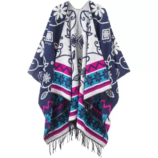 Womens Retro Style Vintage Pattern Tassel Poncho Shawl Cape Wraps For WomenSeries1navy Blue