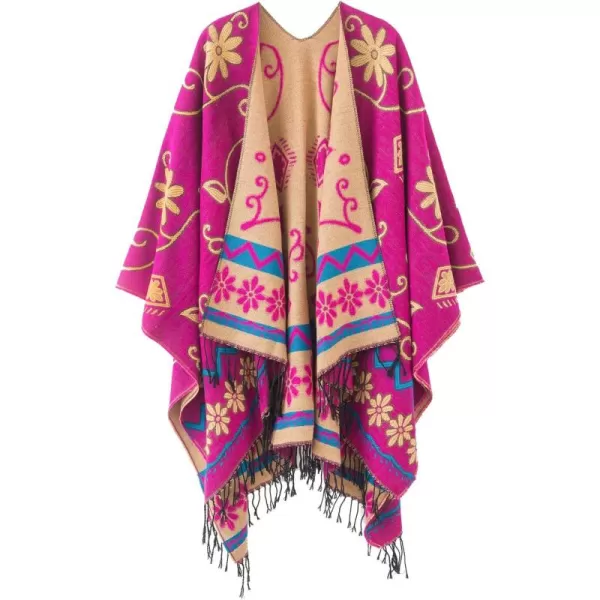 Womens Retro Style Vintage Pattern Tassel Poncho Shawl Cape Wraps For WomenSeries1pink