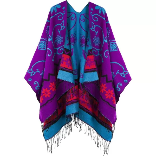 Womens Retro Style Vintage Pattern Tassel Poncho Shawl Cape Wraps For WomenSeries1purple