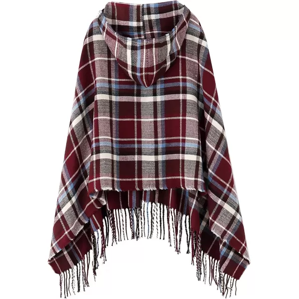 Womens Vintage Plaid Knitted Tassel Poncho Shawl Cape Button CardiganSeries 2 Maroon