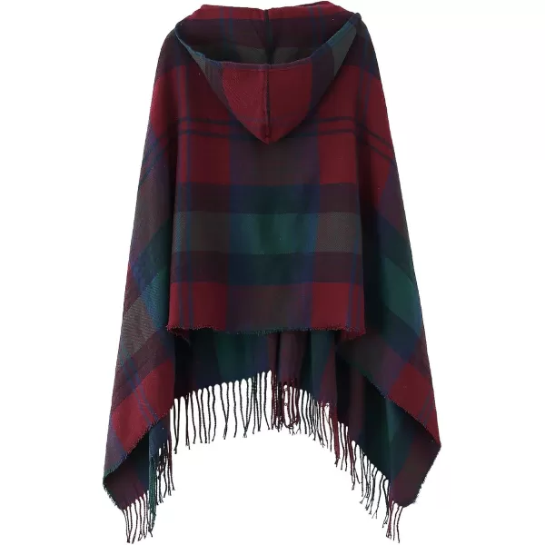 Womens Vintage Plaid Knitted Tassel Poncho Shawl Cape Button CardiganSeries 2 Wine Red