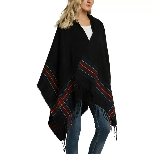 Womens Vintage Plaid Knitted Tassel Poncho Shawl Cape Button CardiganSeries 3 Black