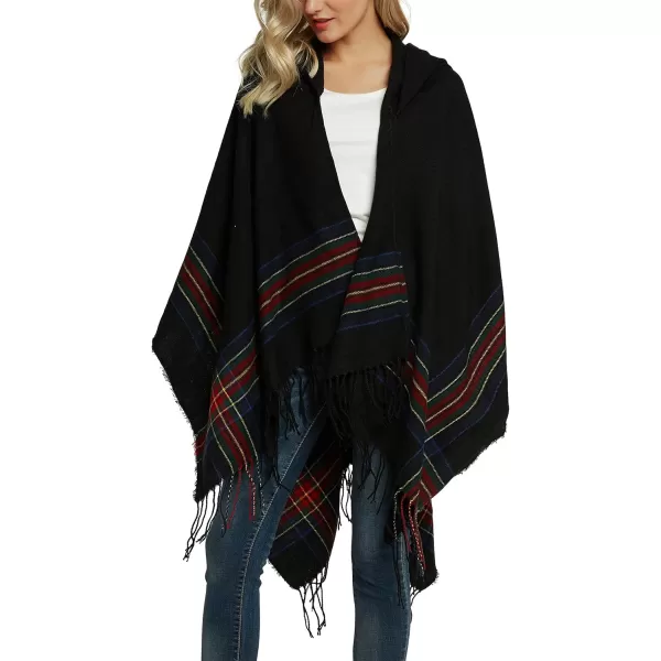 Womens Vintage Plaid Knitted Tassel Poncho Shawl Cape Button CardiganSeries 3 Black