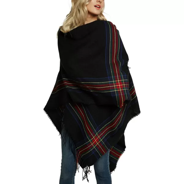 Womens Vintage Plaid Knitted Tassel Poncho Shawl Cape Button CardiganSeries 3 Black