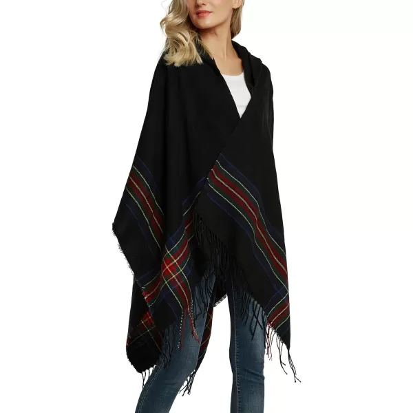 Womens Vintage Plaid Knitted Tassel Poncho Shawl Cape Button CardiganSeries 3 Black
