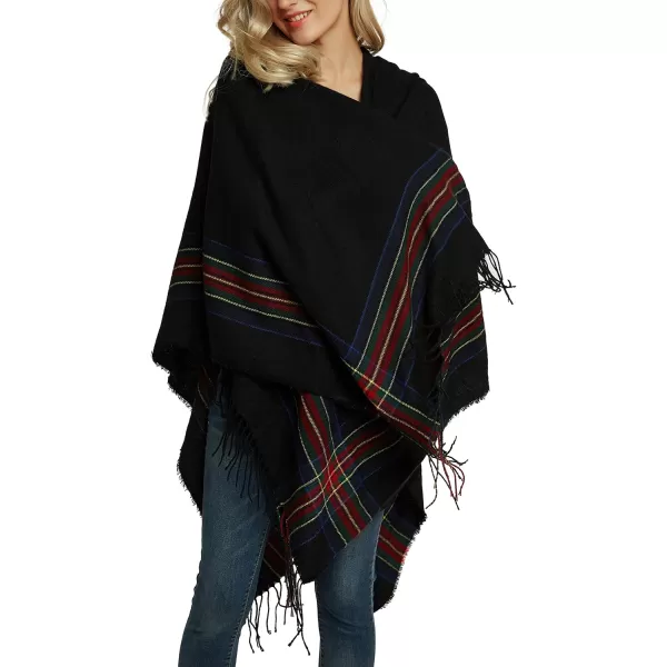 Womens Vintage Plaid Knitted Tassel Poncho Shawl Cape Button CardiganSeries 3 Black