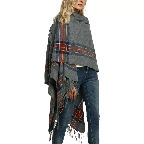 Womens Vintage Plaid Knitted Tassel Poncho Shawl Cape Button CardiganSeries 3 Grey