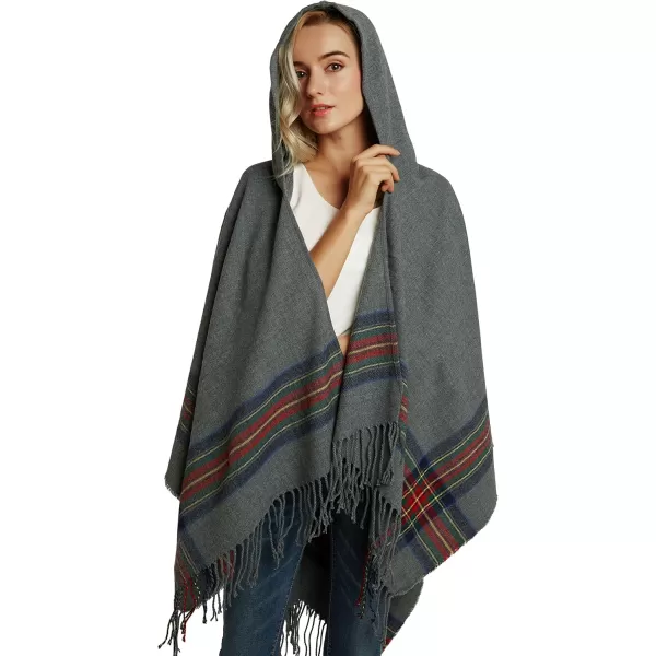 Womens Vintage Plaid Knitted Tassel Poncho Shawl Cape Button CardiganSeries 3 Grey