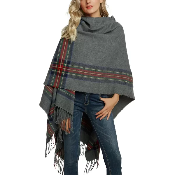 Womens Vintage Plaid Knitted Tassel Poncho Shawl Cape Button CardiganSeries 3 Grey