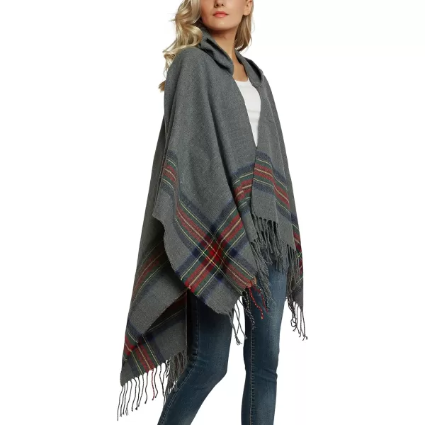 Womens Vintage Plaid Knitted Tassel Poncho Shawl Cape Button CardiganSeries 3 Grey