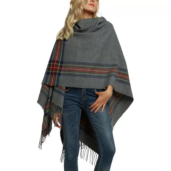Womens Vintage Plaid Knitted Tassel Poncho Shawl Cape Button CardiganSeries 3 Grey