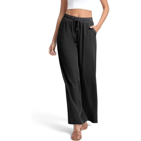Urban CoCo Womens Elastic Waist Drawstring Casual Pants Straight Leg Lightweight Loose Trousers with PocketsBlack