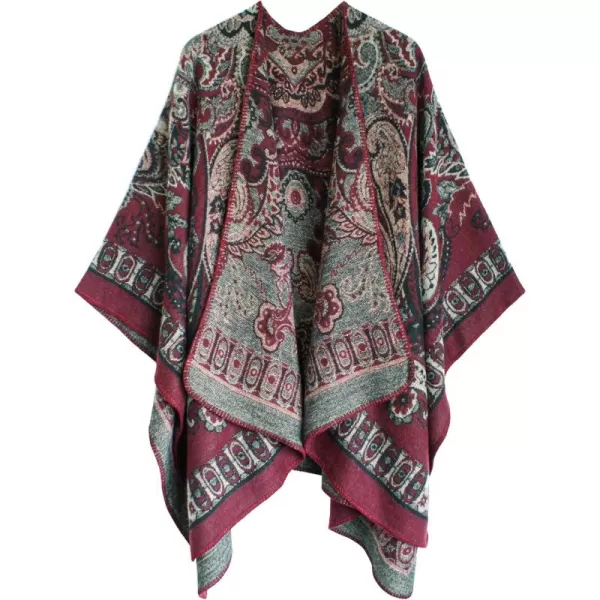Womens Vintage Pattern Open Front Poncho Cape Shawl Winter Shawl WrapsSeries 24wine Red