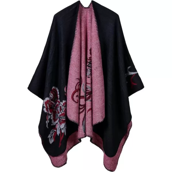 Womens Vintage Pattern Open Front Poncho Cape Shawl Winter Shawl WrapsSeries 7black