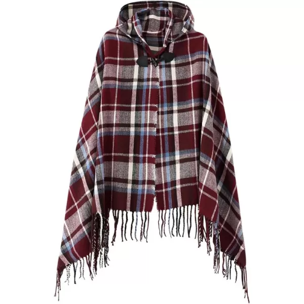 Womens Vintage Plaid Knitted Tassel Poncho Shawl Cape Button CardiganSeries 2 Maroon