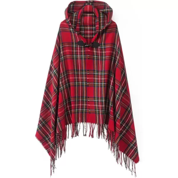 Womens Vintage Plaid Knitted Tassel Poncho Shawl Cape Button CardiganSeries 2 Red