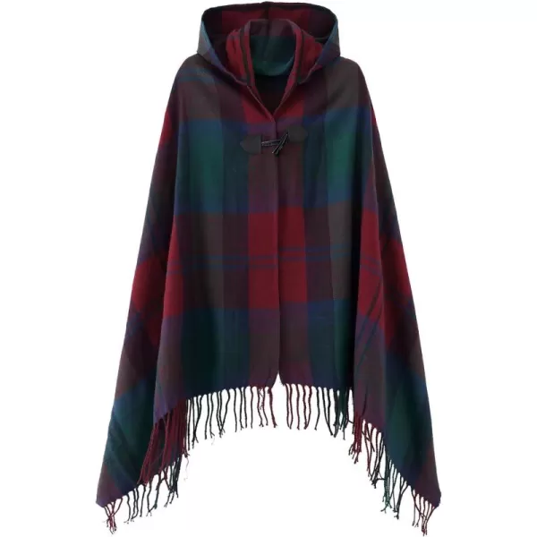 Womens Vintage Plaid Knitted Tassel Poncho Shawl Cape Button CardiganSeries 2 Wine Red