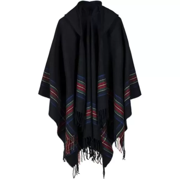 Womens Vintage Plaid Knitted Tassel Poncho Shawl Cape Button CardiganSeries 3 Black