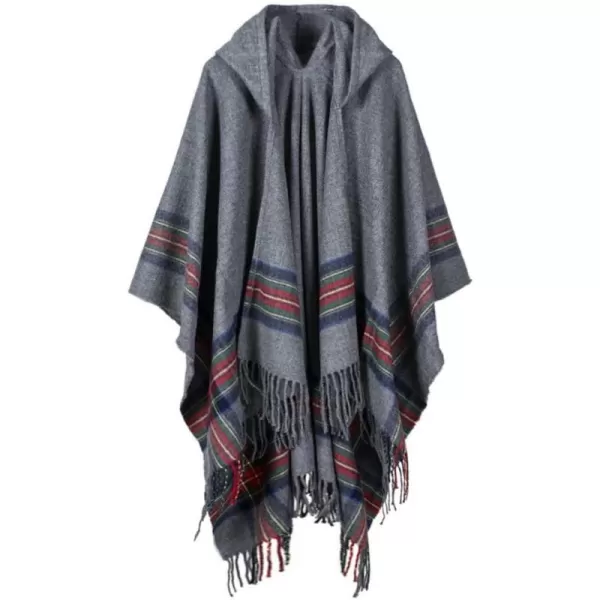 Womens Vintage Plaid Knitted Tassel Poncho Shawl Cape Button CardiganSeries 3 Grey