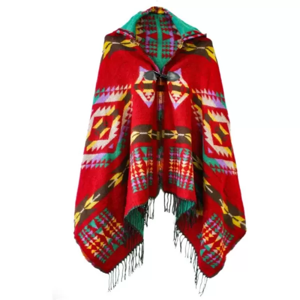 Womens Vintage Plaid Knitted Tassel Poncho Shawl Cape Button CardiganSeries 4 Red