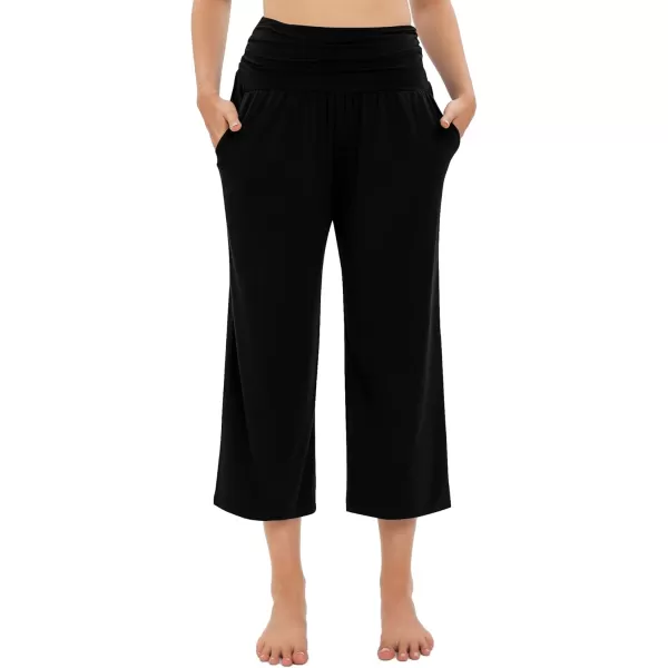Urban CoCo Womens Comfy Yoga Capri Pants Casual Wide Leg Sweatpants High Waist Stretch Cropped PantsBlack