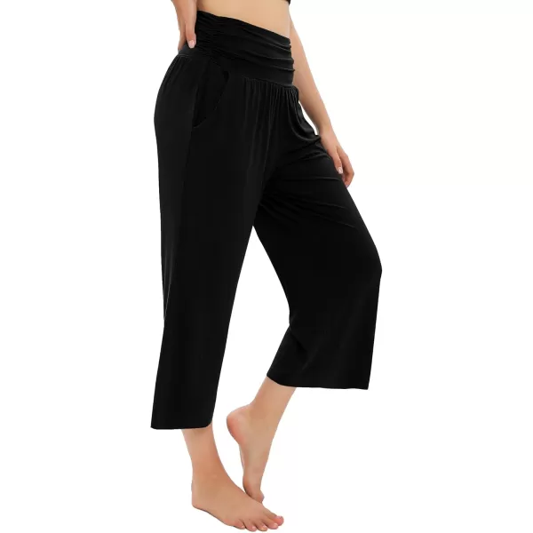 Urban CoCo Womens Comfy Yoga Capri Pants Casual Wide Leg Sweatpants High Waist Stretch Cropped PantsBlack