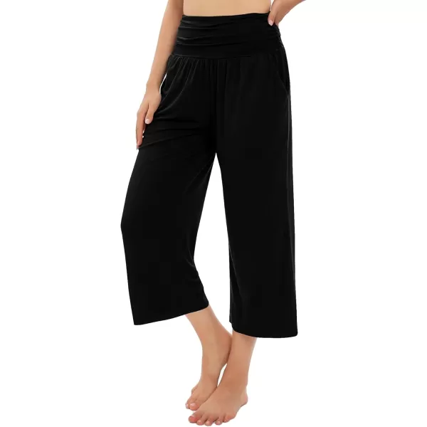 Urban CoCo Womens Comfy Yoga Capri Pants Casual Wide Leg Sweatpants High Waist Stretch Cropped PantsBlack