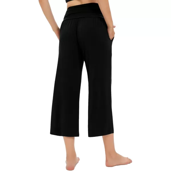 Urban CoCo Womens Comfy Yoga Capri Pants Casual Wide Leg Sweatpants High Waist Stretch Cropped PantsBlack