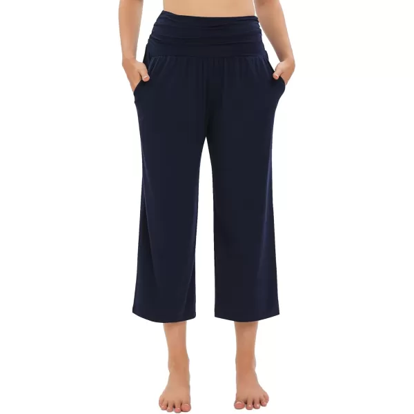 Urban CoCo Womens Comfy Yoga Capri Pants Casual Wide Leg Sweatpants High Waist Stretch Cropped PantsNavy Blue