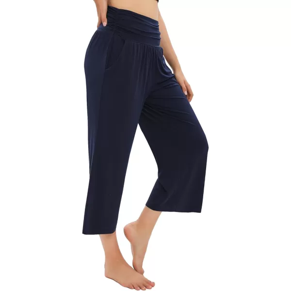 Urban CoCo Womens Comfy Yoga Capri Pants Casual Wide Leg Sweatpants High Waist Stretch Cropped PantsNavy Blue